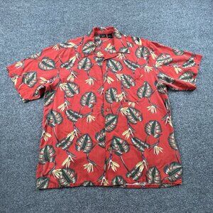 WF 100% Silk Hawaiian Camp Shirt Mens L Red Tropical Leaf Print Short Sleeve